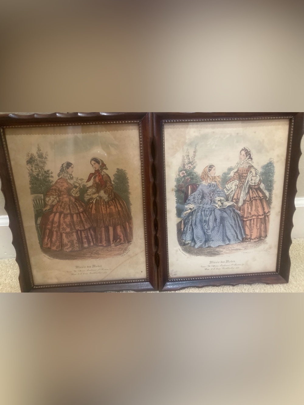 Vintage Miroir des Modes Framed Fashion Prints -Paris mahogany pie crust frames